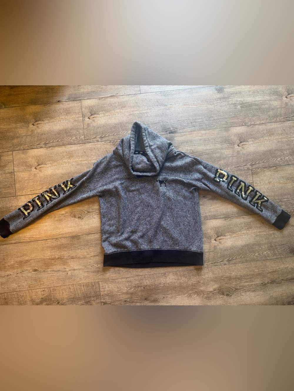Victoria's Secret PINK ' Gray Hooded Pullover with silver Logo Sleeves